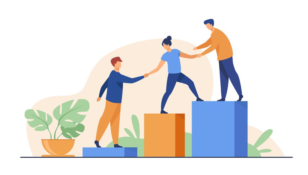 People holding hands climbing steps together, representing pay equity, trust, and workplace fairness.